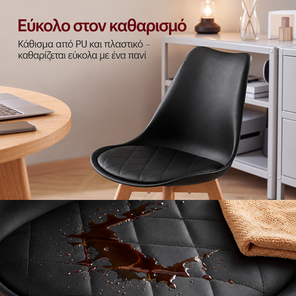 Αλέκιαστες Καρέκλες Κουζίνας Σετ 4 τεμ Εργονομικές Τραπεζαρίας Μασίφ Ξύλο Δερματίνη Μαύρη KDC-B35888BH01