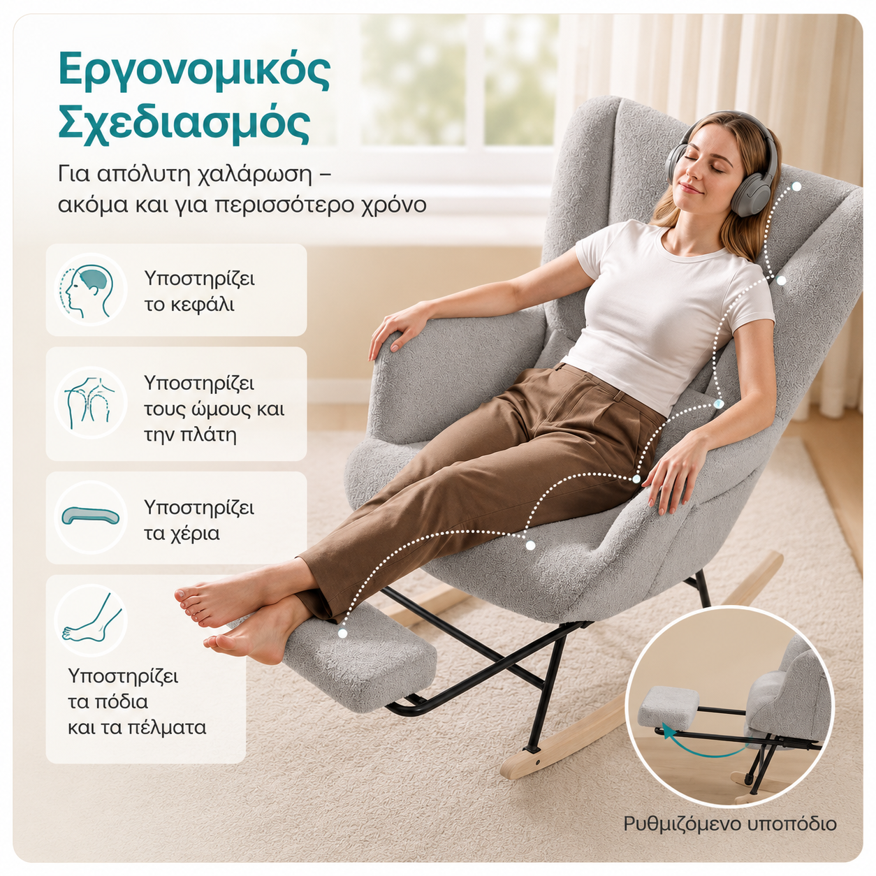 Πολυθρόνα Κουνιστή Relax με Αναδιπλούμενο Υποπόδιο, Bouclé Ύφασμα και Εργονομικό Σχεδιασμό LYY-018G101