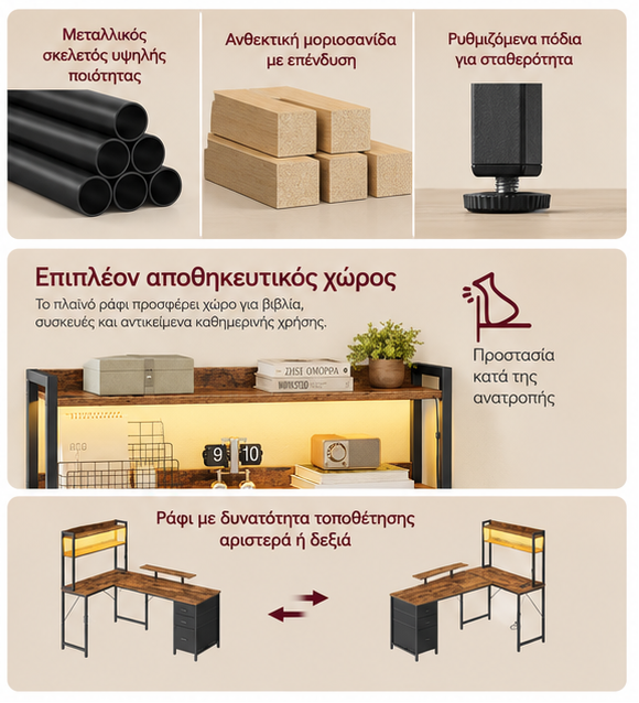 Γωνιακό Γραφείο Υπολογιστή με Ράφια, 3 Συρτάρια, LED Φωτισμό & Πρίζες USB/AC Vintage Καφέ  LWD-162K101