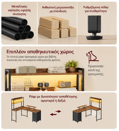 Γωνιακό Γραφείο Υπολογιστή με Ράφια, 3 Συρτάρια, LED Φωτισμό & Πρίζες USB/AC Vintage Καφέ  LWD-162K101
