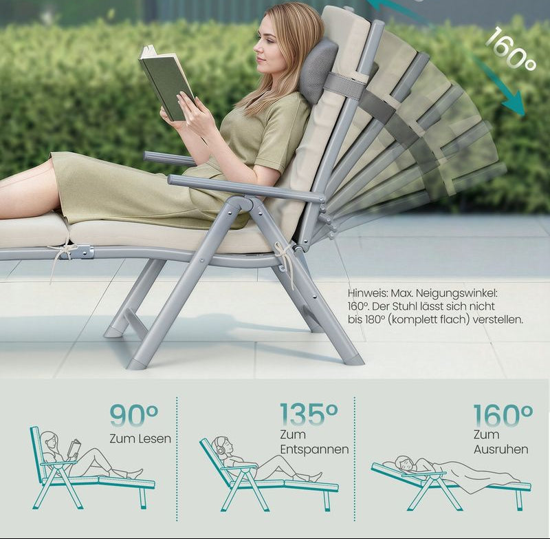 Μπεζ Ξαπλώστρα Μεγάλης Αντοχής Σεζλόνγκ με Ρυθμιζόμενη Πλάτη και Μαξιλάρι GC-B024WZ02