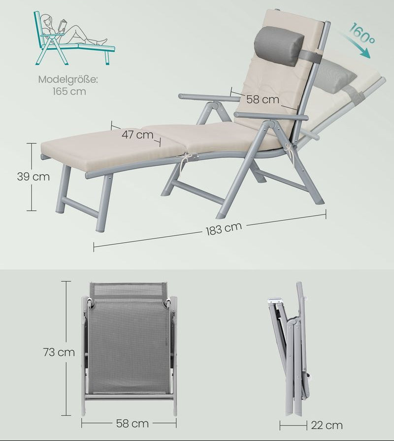 Μπεζ Ξαπλώστρα Μεγάλης Αντοχής Σεζλόνγκ με Ρυθμιζόμενη Πλάτη και Μαξιλάρι GC-B024WZ02