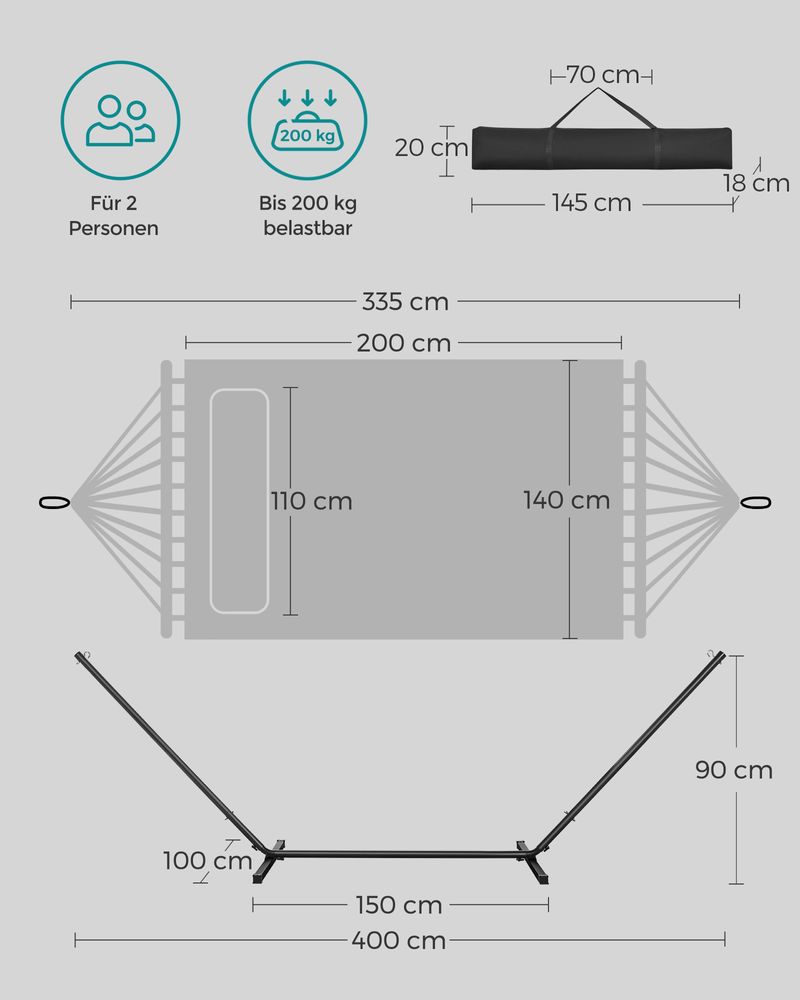 Αιώρα Κήπου με Μεταλλική Βάση έως 200kg, Ρυθμιζόμενο Ύψος, Μαξιλάρι & Τσάντα Μεταφοράς για 2 Άτομα B34-GHS002G01