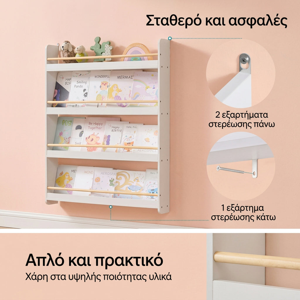 Παιδική Βιβλιοθήκη Τοίχου με 4 Ράφια από MDF και Ξύλο Πεύκου – Εξοικονόμηση Χώρου 80×12×100 εκ. GK-R014W01