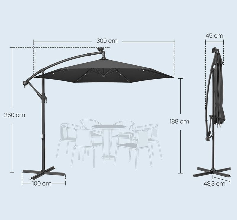 Μεγάλη Ομπρέλα Μπαλκονιού Κήπου με LED Ηλιακό Φωτισμό 300εκ Διάμετρος Αδιάβροχη Προστασία απο Υπεριώδη Ακτινοβολία GP-U118G01
