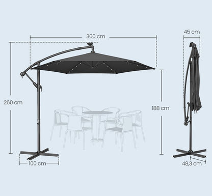 Μεγάλη Ομπρέλα Μπαλκονιού Κήπου με LED Ηλιακό Φωτισμό 300εκ Διάμετρος Αδιάβροχη Προστασία απο Υπεριώδη Ακτινοβολία GP-U118G01