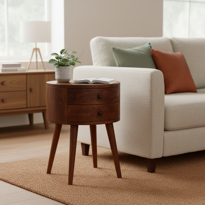 Στρογγυλό Κομοδίνο Τραπεζάκι Υπνοδωματίου Βοηθητικό με 2 Συρτάρια Μασίφ Ξύλο Φινίρισμα Καστανιά IN907