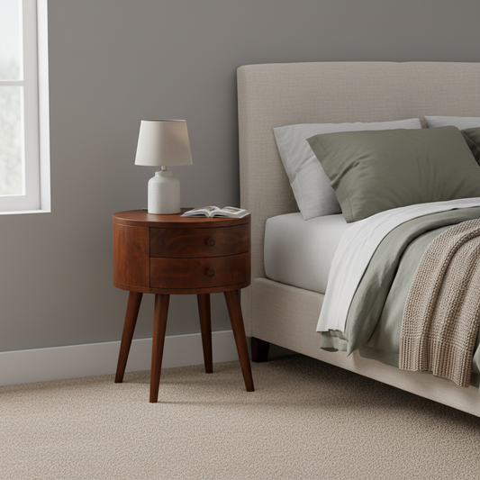 Στρογγυλό Κομοδίνο Τραπεζάκι Υπνοδωματίου Βοηθητικό με 2 Συρτάρια Μασίφ Ξύλο Φινίρισμα Καστανιά IN907