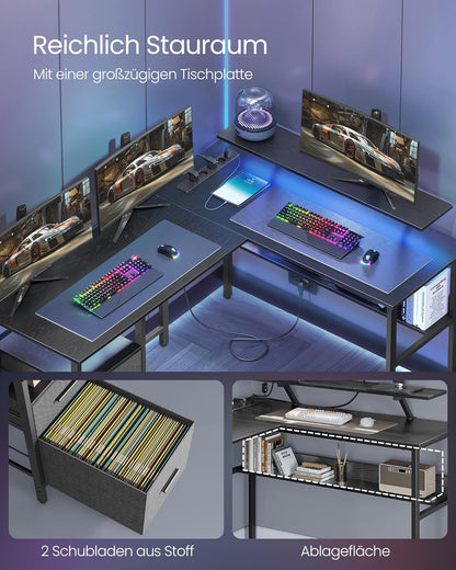 Eckcomputertisch-Monitorständer, LED-Beleuchtung, USB-Anschlüsse, 150 x 120 x 76 cm, Schwarz LW-D095B01