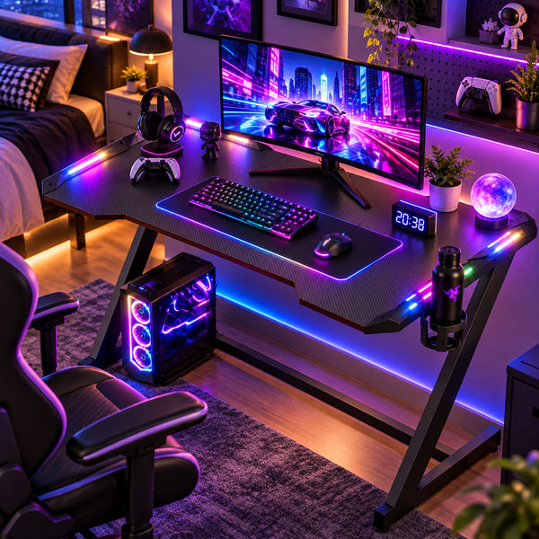 Γραφείο Gaming με Φωτισμό LED RGB, Μεταλλικό Σκελετό Σχήματος Z & Επιφάνεια Carbon Fiber 100×60×76 εκ.    LW-D410B101