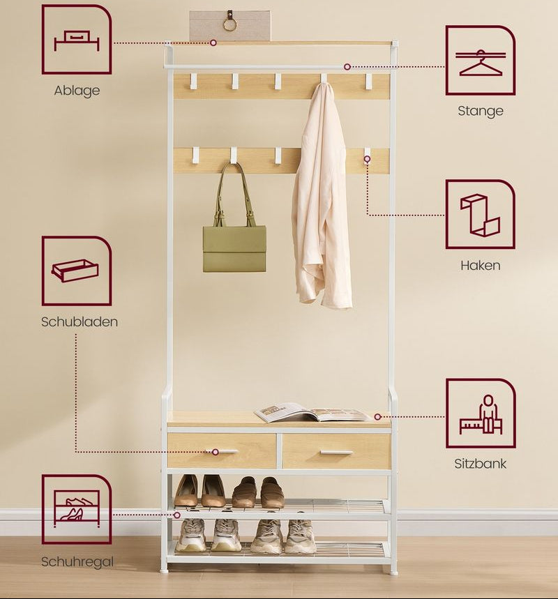 Έπιπλο Εισόδου Βάση για Παλτό Κρεμάστρα Ρούχων Καλόγερος Ντουλάπα Παπουτσοθήκη για διάδρομο Λευκό-Δρυς