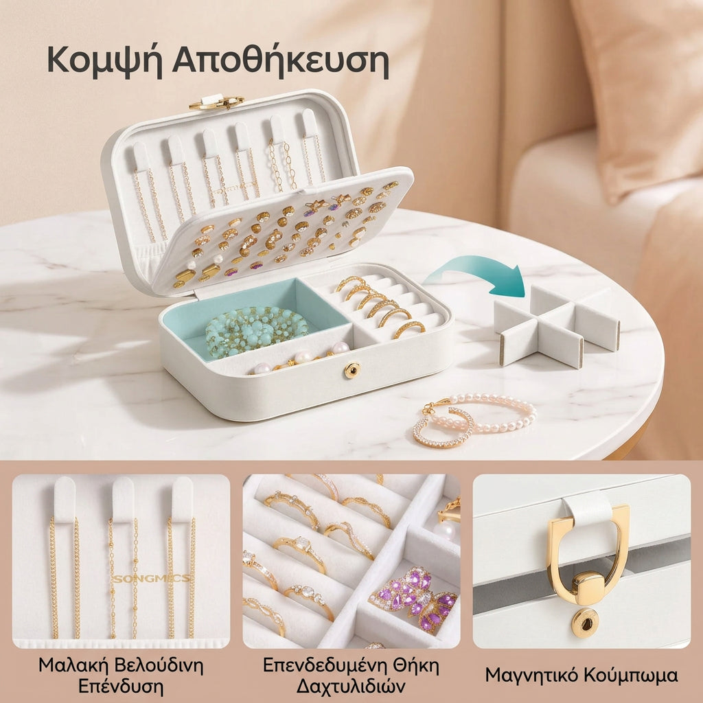 Κοσμηματοθήκη Ταξιδίου Βελούδινη Επένδυση και Μαγνητικό Κλείσιμο, Λευκό , 16×11×5 εκ.  JB-C209W201
