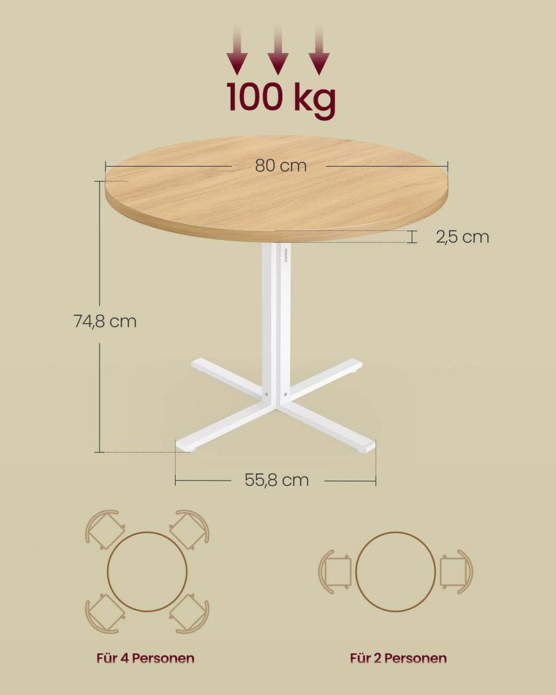 Στρογγυλό Τραπέζι Κουζίνας Τραπεζαρίας Αδιάβροχο 80 εκ Διάμετρος Δρύς και Λευκό KD-T082Y02