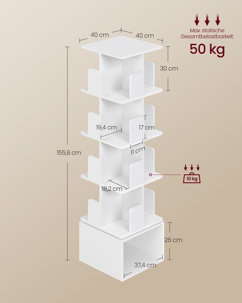 Βιβλιοθήκη Περιστρεφόμενη Όρθιο Ράφι Αποθήκευσης Αδιάβροχη Επιφάνεια 156εκ ύψος Σαλονιού Κρεβατοκάμαρας Λευκό LB-C472WB01