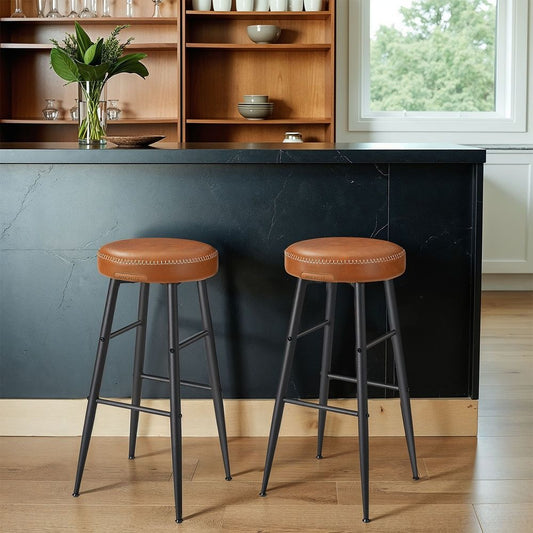 Kitchen Pass Stool Set of 2 Chairs EKHO Bar Tan Leather Retro Style LB-C090K01V1 