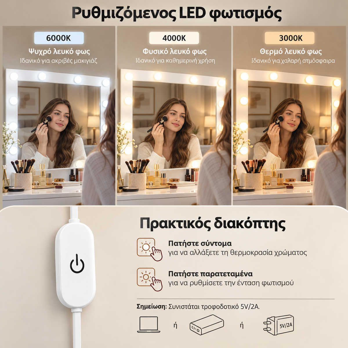 Τραπέζι Μπουντουάρ Μακιγιάζ Tουαλέτας Λευκό 40 x 80 x 144 εκ. με Καθρέφτη και φώτα LED Πολύπριζο Συρτάρια καθρέφτης 3 χρώματα Φωτός  RD-T246WB01