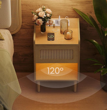 Τραπεζάκι Βοηθητικό Κομοδίνο Boho Δρυς με Συρτάρι με Σταθμό Φόρτισης και Αισθητήρα Κίνησης LE-T617Y02
