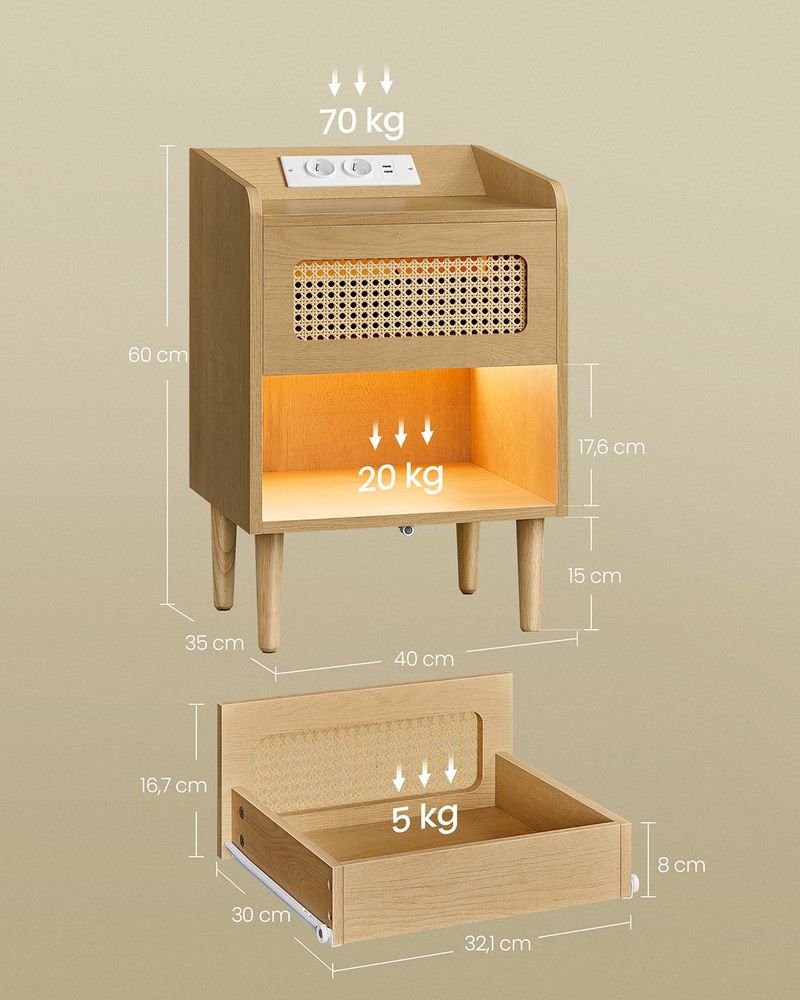 Τραπεζάκι Βοηθητικό Κομοδίνο Boho Δρυς με Συρτάρι με Σταθμό Φόρτισης και Αισθητήρα Κίνησης LE-T617Y02