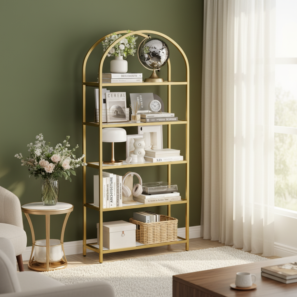 Hohes modernes Bücherregal Gold Metallic für Wohnzimmer Schlafzimmer Badezimmer LG-T050A01 