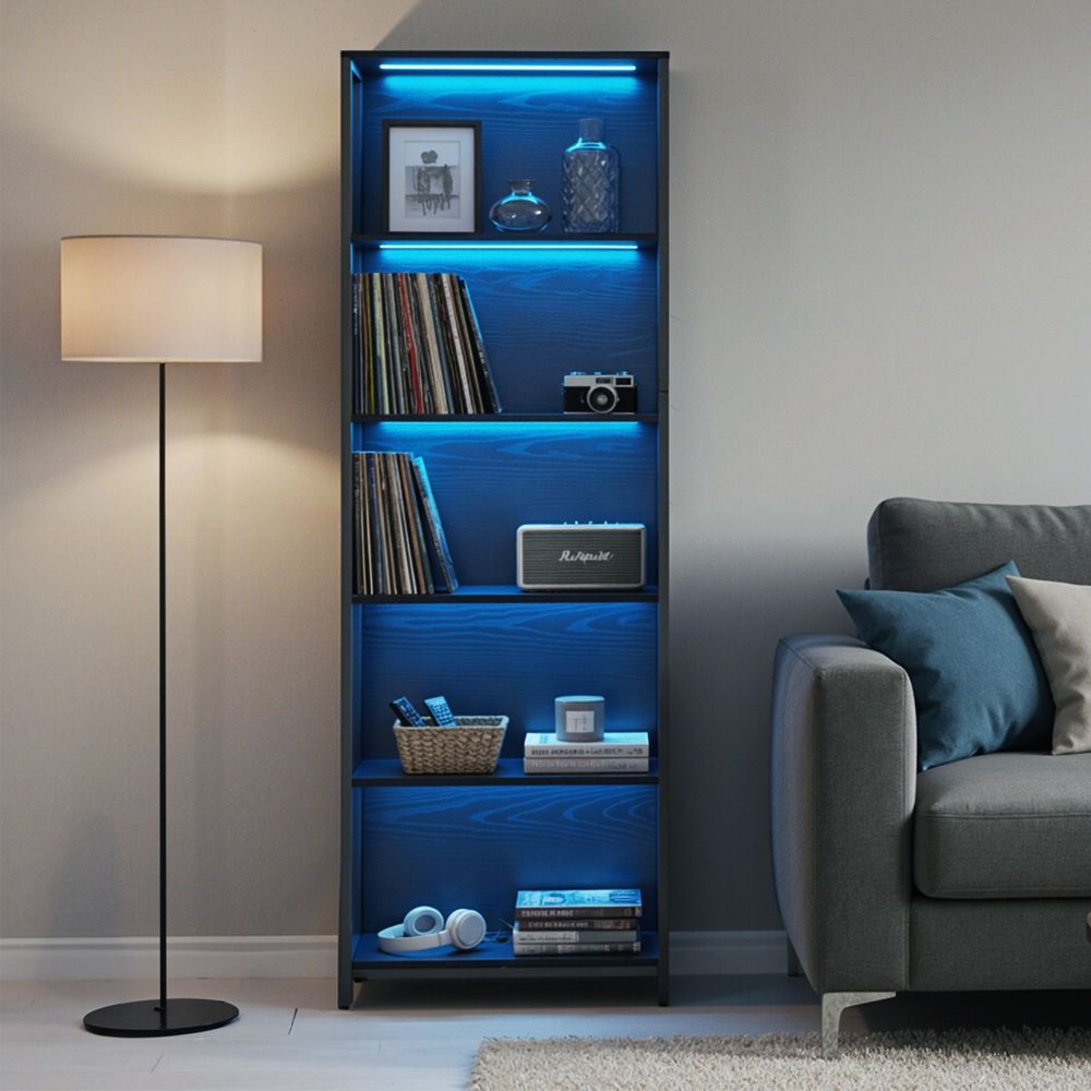 Βιβλιοθήκη με LED Φωτισμό 178 εκ Ύψος Ραφιέρα Βιτρίνα Μαύρη 6 Ράφια LL-S120B57