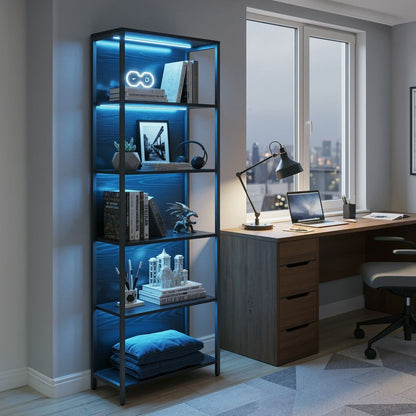 Βιβλιοθήκη με LED Φωτισμό 178 εκ Ύψος Ραφιέρα Βιτρίνα Μαύρη 6 Ράφια LL-S120B57