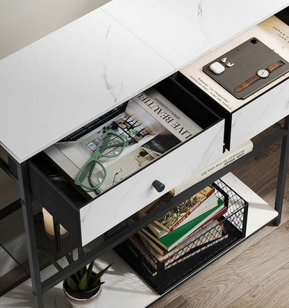 Στενό Τραπέζι Κονσόλα Εισόδου Λευκό Όψη Μαρμάρου 24 x 76 x 80 εκ LN-T092W01