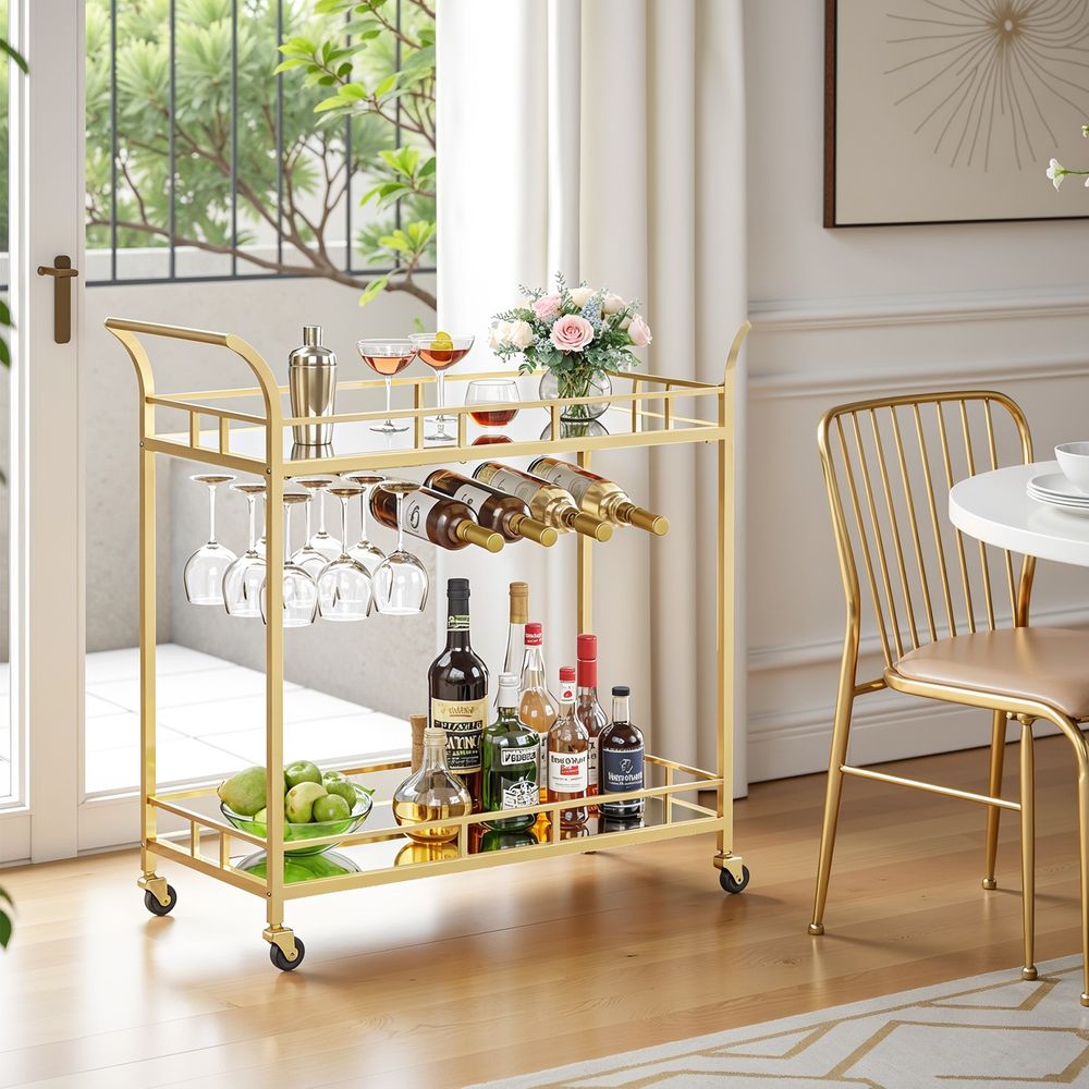 Έπιπλο Μπαρ Τρόλεϊ Κάβα Τραπεζαρίας με Καθρέφτη Βοηθητικό Τραπεζάκι Κουζίνας Χρυσό LR-C090A03