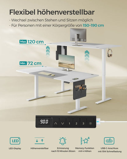 Μεγάλο Γραφείο Ρυθμιζόμενου Ύψους Ηλεκτρικό Λευκό 180x80 εκ Θύρα USB-A LSD-028WZ03