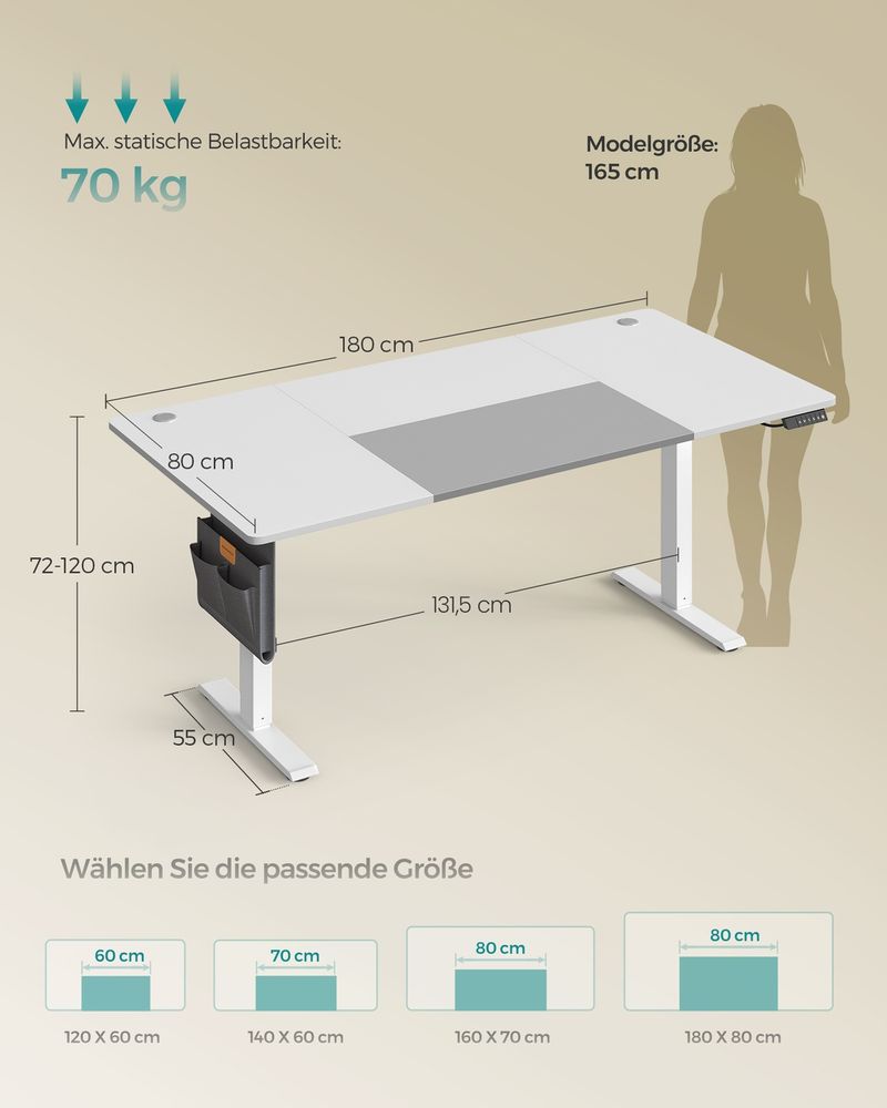 Μεγάλο Γραφείο Ρυθμιζόμενου Ύψους Ηλεκτρικό Λευκό 180x80 εκ Θύρα USB-A LSD-028WZ03