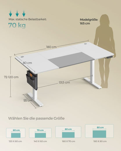 Μεγάλο Γραφείο Ρυθμιζόμενου Ύψους Ηλεκτρικό Λευκό 180x80 εκ Θύρα USB-A LSD-028WZ03