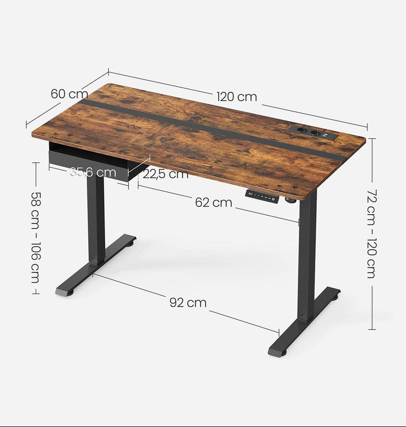 Τροχήλατο Ηλεκτρικό Γραφείο Ρυθμιζόμενου Ύψους Καφέ με Συρτάρι Πρίζες USB Θύρες 120Χ60-140x60-160x70εκ B34-LSD114X01