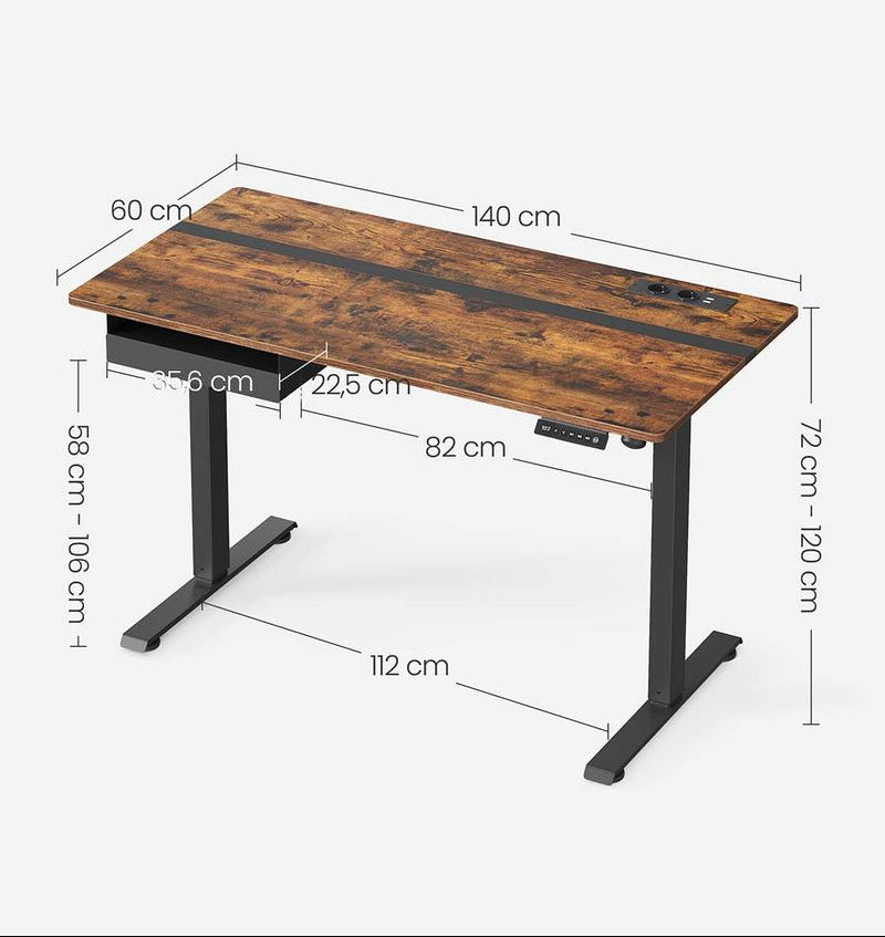 Τροχήλατο Ηλεκτρικό Γραφείο Ρυθμιζόμενου Ύψους Καφέ με Συρτάρι Πρίζες USB Θύρες 120Χ60-140x60-160x70εκ B34-LSD114X01