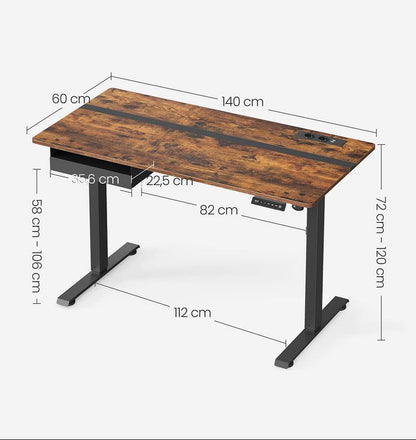 Τροχήλατο Ηλεκτρικό Γραφείο Ρυθμιζόμενου Ύψους Καφέ με Συρτάρι Πρίζες USB Θύρες 120Χ60-140x60-160x70εκ B34-LSD114X01