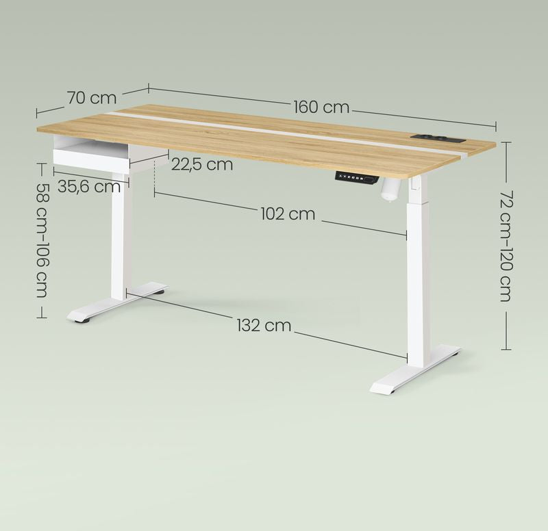 Ηλεκτρικό Γραφείο Ρυθμιζόμενου Ύψους Δρυς με Συρτάρι Πρίζες και USB Θύρες 70 x 160 εκ LS-D116N01