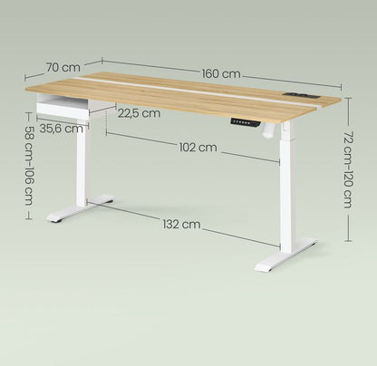 Ηλεκτρικό Γραφείο Ρυθμιζόμενου Ύψους Δρυς με Συρτάρι Πρίζες και USB Θύρες 70 x 160 εκ LS-D116N01