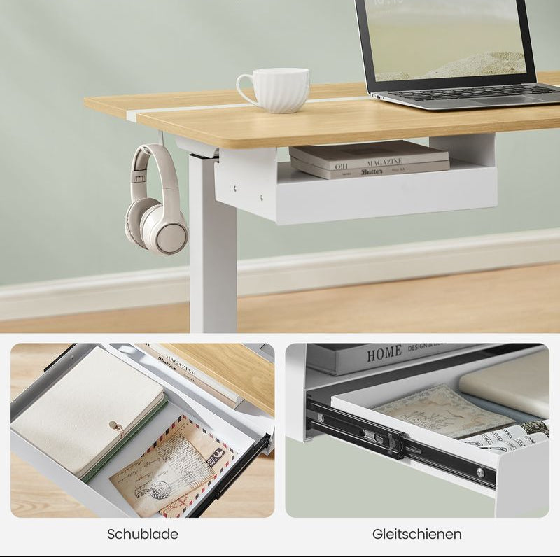 Ηλεκτρικό Γραφείο Ρυθμιζόμενου Ύψους Δρυς με Συρτάρι Πρίζες και USB Θύρες 70 x 160 εκ LS-D116N01