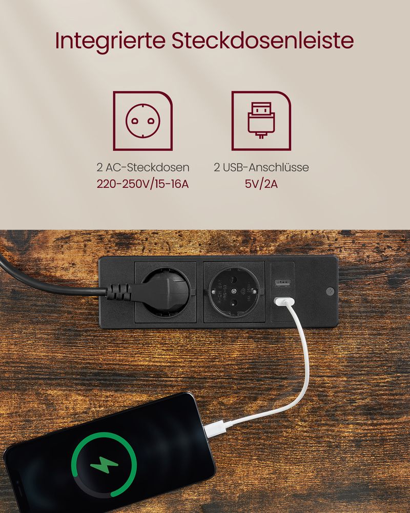 Ηλεκτρικό Γραφείο Ρυθμιζόμενου Ύψους Καφέ με Συρτάρι Πρίζες USB Θύρες και Ρόδες 70 x 160 εκ LS-D116X01