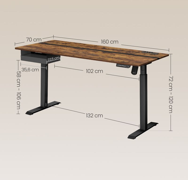 Ηλεκτρικό Γραφείο Ρυθμιζόμενου Ύψους Καφέ με Συρτάρι Πρίζες USB Θύρες και Ρόδες 70 x 160 εκ LS-D116X01