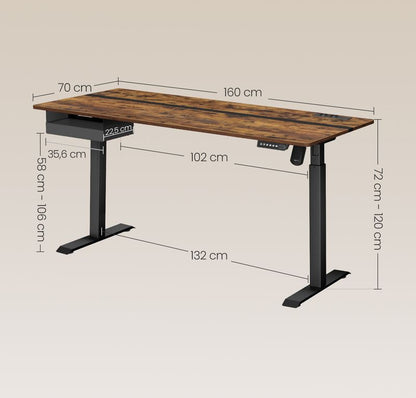 Ηλεκτρικό Γραφείο Ρυθμιζόμενου Ύψους Καφέ με Συρτάρι Πρίζες USB Θύρες και Ρόδες 70 x 160 εκ LS-D116X01