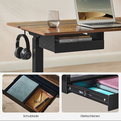 Ηλεκτρικό Γραφείο Ρυθμιζόμενου Ύψους Καφέ με Συρτάρι Πρίζες USB Θύρες και Ρόδες 70 x 160 εκ LS-D116X01