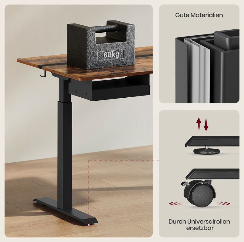 Ηλεκτρικό Γραφείο Ρυθμιζόμενου Ύψους Καφέ με Συρτάρι Πρίζες USB Θύρες και Ρόδες 70 x 160 εκ LS-D116X01