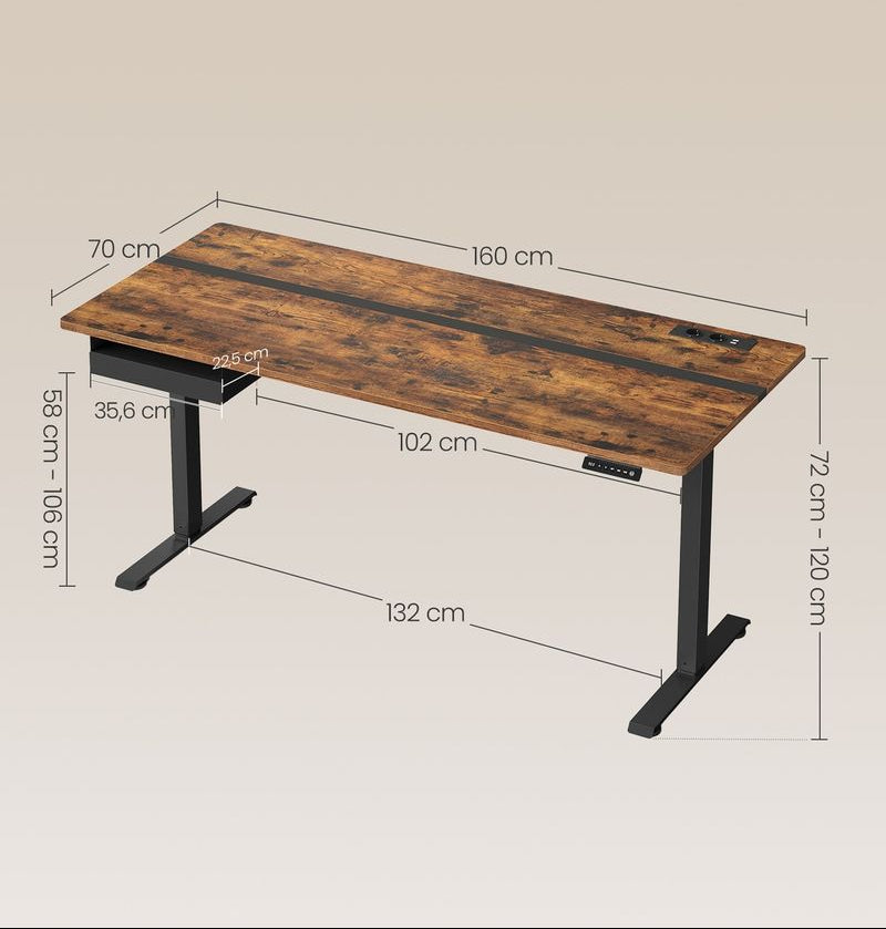 Τροχήλατο Ηλεκτρικό Γραφείο Ρυθμιζόμενου Ύψους Καφέ με Συρτάρι Πρίζες USB Θύρες 120Χ60-140x60-160x70εκ B34-LSD114X01