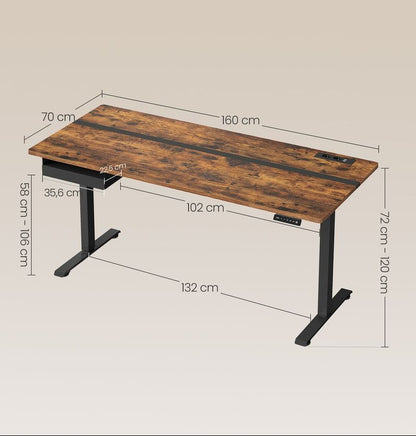 Τροχήλατο Ηλεκτρικό Γραφείο Ρυθμιζόμενου Ύψους Καφέ με Συρτάρι Πρίζες USB Θύρες 120Χ60-140x60-160x70εκ B34-LSD114X01