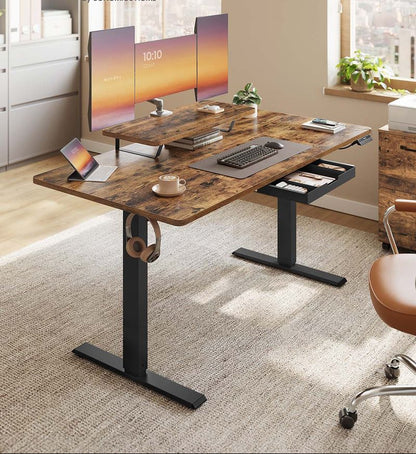 Γραφείο Ρυθμιζόμενου Ύψους Ηλεκτρικό με Βάση Οθόνης και Συρτάρι 140 x 70 εκ Λευκό και Καφέ LS-D154WB01