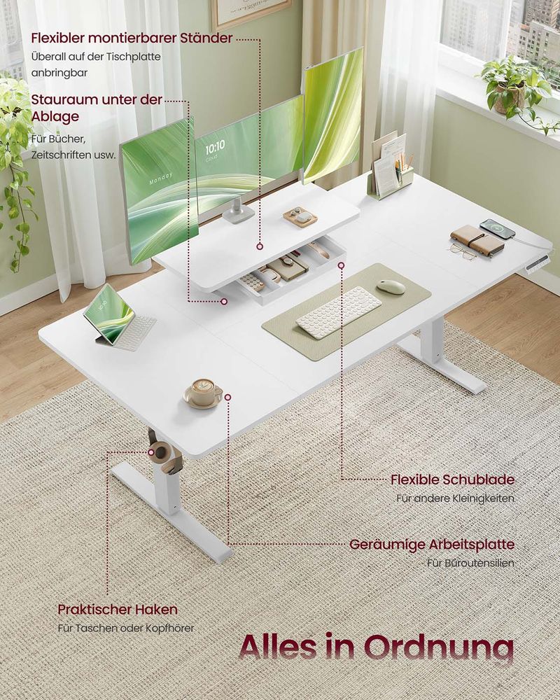 Γραφείο Ρυθμιζόμενου Ύψους Ηλεκτρικό με Βάση Οθόνης και Συρτάρι 140 x 70 εκ Λευκό και Καφέ LS-D154WB01