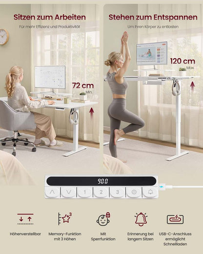 Γραφείο Ρυθμιζόμενου Ύψους Ηλεκτρικό με Βάση Οθόνης και Συρτάρι 140 x 70 εκ Λευκό και Καφέ LS-D154WB01