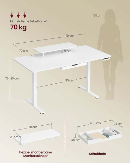 Γραφείο Ρυθμιζόμενου Ύψους Ηλεκτρικό με Βάση Οθόνης και Συρτάρι 140 x 70 εκ Λευκό και Καφέ LS-D154WB01