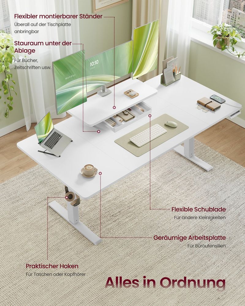 Γραφείο Ρυθμιζόμενου Ύψους Ηλεκτρικό με Βάση Οθόνης και Συρτάρι 160 x 80 εκ Λευκό και Καφέ LS-D156WB01