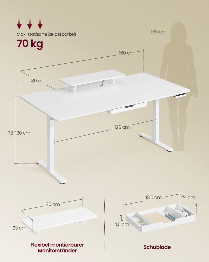 Γραφείο Ρυθμιζόμενου Ύψους Ηλεκτρικό με Βάση Οθόνης και Συρτάρι 160 x 80 εκ Λευκό και Καφέ LS-D156WB01