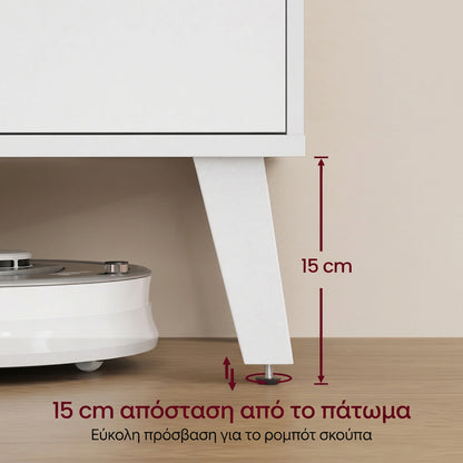 Έπιπλο Τηλεόρασης έως 65 Ιντσών με 2 Ντουλάπια, 2 Ανοιχτά Ράφια, Ρυθμιζόμενο Ράφι & Διαχείριση Καλωδίων, Ξύλινα Λοξά Πόδια, Λευκό 147×39×50εκ.  LT-V556W101
